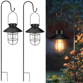pearlstar 2 Pack Solar Lights Outdoor, Hanging Solar Lanterns with Edison Bulb and 2 x 32 Inch Shepherd Hooks, Waterproof Landscape Lighting for Garden Patio Yard Pathway Driveway Lawn (Black)