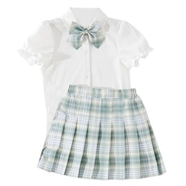 Betusline Kids Girls School Uniform JK Skirt Outfit, White T-Shirt and Plaid Pleated Skort Set, Green Plaid, 9-10 Years