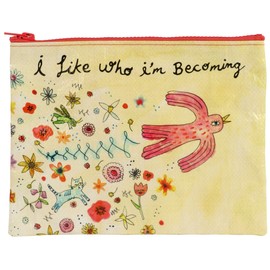 Blue Q Zipper Pouch ~ I Like Who I'm Becoming. Great for organizing larger bags. Features a chunky sturdy zipper, easy-to-wipe-clean, made from 95% recycled material, 7.25"h x 9.5"w