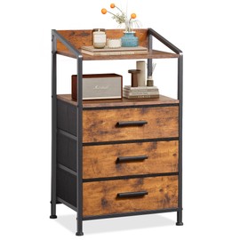 EKNKOZY Nightstand 3 Drawer Dresser, Vertical Side Table with Fabric Drawers, End Table with Open Shelf, Dresser for Bedroom, Hallway, Entryway, Rustic Brown