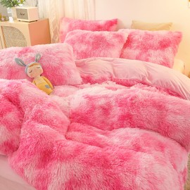 SUCSES Pink Fluffy Girls Bedding Full Size, 3 Pieces Faux Fur Plush Shaggy Duvet Cover Set, Tie Dye Rainbow Furry Comforter Cover Set, Colorful Ombre Kids Bed Set (Hot Pink, Full)