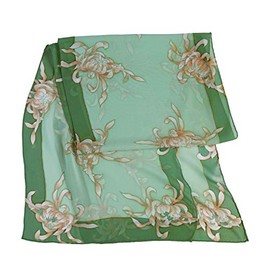 JJcollection Hand Paint Silk Scarf, 60" L x13 W, Oriental Daisy, Green