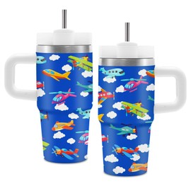 14 oz Airplanes Tumbler with Handle and Straw for Kids, Insulated Stainless Steel Travel Mug for Toddlers Boys, Vacuum Leak Proof Tumbler, Birthday Gifts for Boys, Blue Airplane