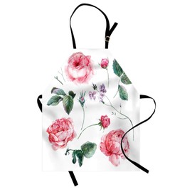 Lunarable Flower Apron, Shabby Form Vintage Style Watercolor Roses Branches Wildflowers Hand Print Image, Unisex Kitchen Bib Apron with Adjustable Neck for Cooking Baking Gardening, Pink and Green