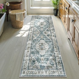 Uphome Bathroom Runner Rug, Distressed Tribal Farmhouse Blue Bathroom Mat, Large Bathroom Rugs Non Slip Washable, Oriental Retro Boho Bath Mat Runner for Bathtub Sink Hallway, 24x71 inch