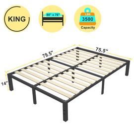 ROIL 14 inch King Bed Frames Wood with Wooden Slats - 3500lbs Heavy Duty No Box Spring Needed Metal Platform, Mattress Stoppers Iron Noise Free Bedframe, Headboard Hole Underneath Storage