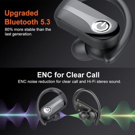 ORZ Audífonos inalámbricos, Bluetooth 5.3, Hi-Fi Estéreo Cascos, Pantalla LED, Llamadas Nítidas con Micrófono, cancelación de Ruido, Control táctil, IP7 Impermeable, Deportivos (Negro)