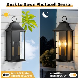 Lawyettle Dusk to Dawn Outdoor Wall Lantern 2-Light, 20.6" Large Outside Wall Sconce, Modern Black Wall Light Fixture with Glass, Waterproof Exterior Lamp for House, Porch, Garage