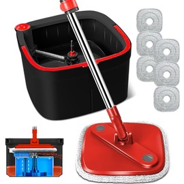 Spin Mop and Bucket Set with Dirty - Water - Separation Bucket: Self Wringing Mop, Machine - Washable and Replaceable Microfiber Pads for Home Floor Cleaning (Mop Set with 6 Pads)