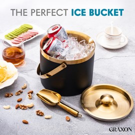 Ice Bucket (3 Liter) Stainless Steel Double Wall Insulated Ice Bucket with Lid & Scoop, Ice Buckets for Parties, Handle, Keeps Ice Cold for Hours, Great for Wine, Champagne, Cocktails (Black & Gold)