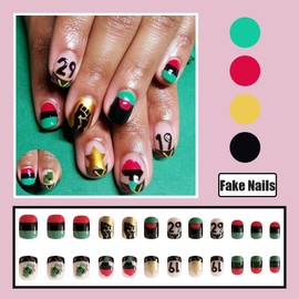 BMKKOT Juneteenth Press on Nails Short Fake Nails Black Liberation History Day Design Glue on Nails 19th of June French Tip False Nails Square Acrylic Nails for Women Juneteenth Nails Decoration 24Pcs