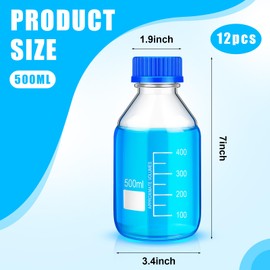 Irenare 12 Pieces Media Storage Bottles Borosilicate Storage Glass Scientific Round Graduated Media Bottle with Blue Gl45 Screw Cap for Lab Water Reagent Liquids(500 ml)