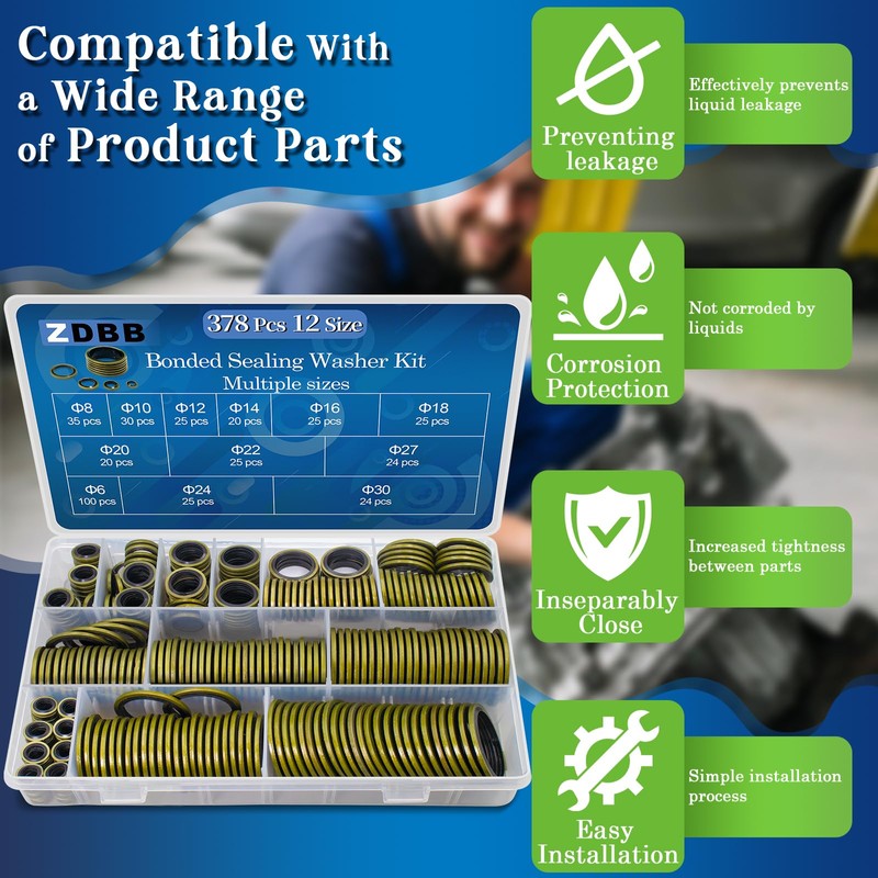 ZDBB 12 Sizes 378 Pcs Bonded Sealing Washer Kit,Automotive Self-Centred