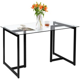 FurnitureR Glass Dining Table 55.1 Inch, Modern Elegant Rectangular Multipurpose Table with Sturdy Metal Frame for Dining Room Kitchen, Black