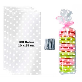 100 x Clear Cellophane Candy Bags with White Dots 100 Pieces Metal Bows (10 x 25 cm (Pack of 100)