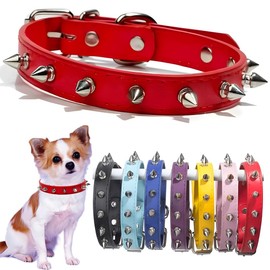 Spiked Dog Collar for Small Dogs PU Leather Spike Puppy Collar Anti Bite Rivet Studded Cat Collar for Kittens Extra Small Medium Pets Like Chihuahua Pug Pit Bull Bulldog, Red S