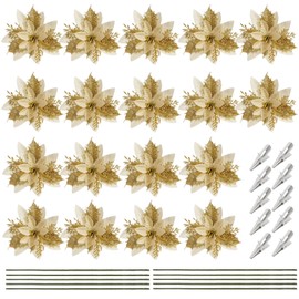 Nydotd 18pcs Poinsettia Artificial Christmas Flowers with Clips and Stems, Glitter Poinsettia Christmas Tree Ornament, Artificial Flowers for Christmas Tree Wedding Decorations Xmas Tree Wreath (Gold)