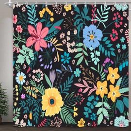 ICTEISOM Boho Floral Shower Curtain, Colorful Flower Leaves Design for Bathroom Decor, Modern Rustic Country Wildflower Black Fabric Shower Curtains Set with Hooks, 72x72 Inches
