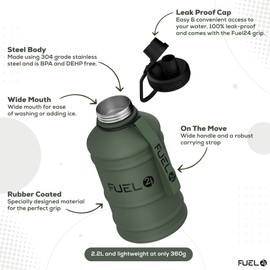 Fuel24 1.3L/2.2L Water Bottle Metal - STRONG, Drop & Leakproof BPA free 1L 2L Water Bottle Stainless Steel (2 Litre) - Large Gym Bottles for Men, Sports Water Bottle, Travel, Hiking Water Bottle