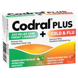 Codral Plus Cold & Flu Tab X 16 + Duo Relief Sore Throat Lozenges X 16