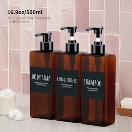 Segbeauty Soap Dispenser, Pack of 3 500 ml Shampoo Bottles for Filling, Shampoo Dispenser for Shower with Labels, for Kitchens, Bathrooms, Hotels, Amber