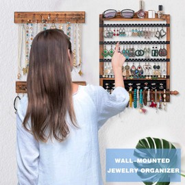 QILICHZ 3Pcs Jewelry Organizers and Storage,Wood Earring Organizer,Hanging Jewelry Organizer,Rustic Wall Jewellery Organizer,Wall Mounted Earring Holder for Storage Display Gift (Brown+Black)