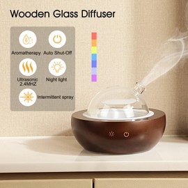 Kakoda Glass Essential Oil Diffuser,Real Wood Base,The 2024 Upgrade Aromatherapy Diffuser,Aroma Diffuse Humidifier,LED Light in 7 Colors，Suitable for Home Office Bedroom-Brown