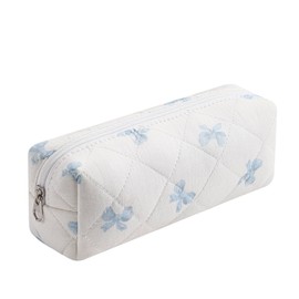 WHHJM Cute Floral Makeup Brush Bag Small Cotton Quilted Cosmetic Bag for Women Travel Toiletry Zipper Make Up Pouch (Blue Small Bowknot)