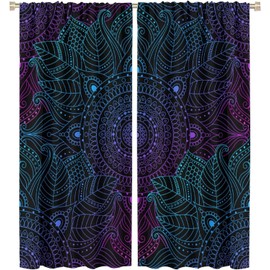 Mandala Curtain Colorful Flower Round Pattern Black Background Blackout Print Rod Pocket Window Drapes for Bedroom Living Room 42x45in