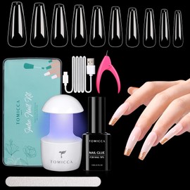 TOMICCA Gel Nail Kit Nail Tips and Gel Nail Glue, 4 In 1 Nail Glue Gel 500pcs Long Coffin Soft Gel Nail Tips, Nail Extension Kit Fake Nails Acrylic Nails with UV LED Lamp, Nail Clipper for DIY Gel Nail Art