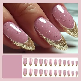 RIICFDD Pink Press on Nails Medium Fake Nails Almond Shape False Nails Pink Sparkly Glue on Nails Gold Glitter French Tip Nails Full Cover Glossy Stick on Nails for Women Girls Acrylic Nails 24 Pcs