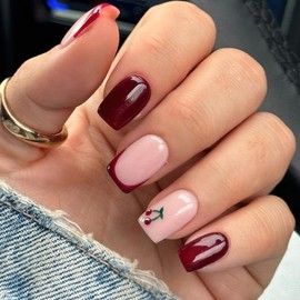 FNKFNK Cherry Press on Nails Short Square Fake Nails with Designs Wine Red Full Cover False Nails Reusable Glossy French Tip Cute Cherry Acrylic Nails for Women 24Pcs