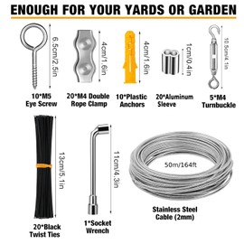 Pack of 77 Wire Rope Kit, 50 m 2 mm 304 Stainless Steel Cable, Rope Tension Set with Turnbuckles, Wire Rope Clamps, Aluminium Crimp Sleeve for Fences, String Light Suspension Washing Line, Climbing