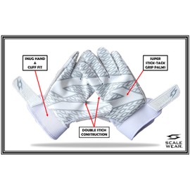 Scale Wear Design White Stealth Football Lineman Gloves with Tach Grip Silicone Palms. Adult Men's Youth Boys Sticky Lineman Wide Receiver Flag Football Boost Your Game! (Adult-Large, White-Grey)
