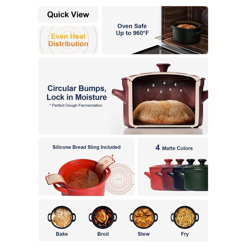 LE TAUCI 3 qt Ceramic Dutch Oven for Bread Baking
