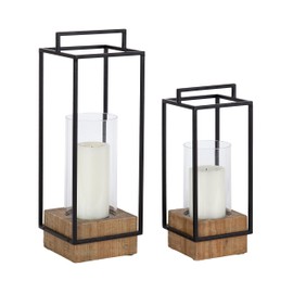 Kate and Laurel Brandt Farmhouse Two-Piece Candle Holder Set, 7 x 7 x 19, Hazelnut and Black, Transitional Wood and Metal Lantern Candle Holders for Fireplace Mantel Display.