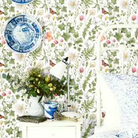 Blooming Wall DPYC46 Removable Watercolor Pastel Color Green Ivy Leaves with Butterfly and Flowers Around Peel and Stick Wallpaper Self-Adhesive Prepasted Wallpaper Wall Décor