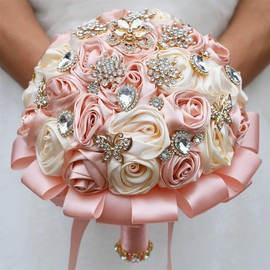 Mhojpik 8.7" Peach Pink & Cream Bridal Wedding Bouquet Round Bling Brooch Bouquet Throw Toss Artificial Rose Flower Bunch for Bride Bridesmaid Wedding Quinceanera