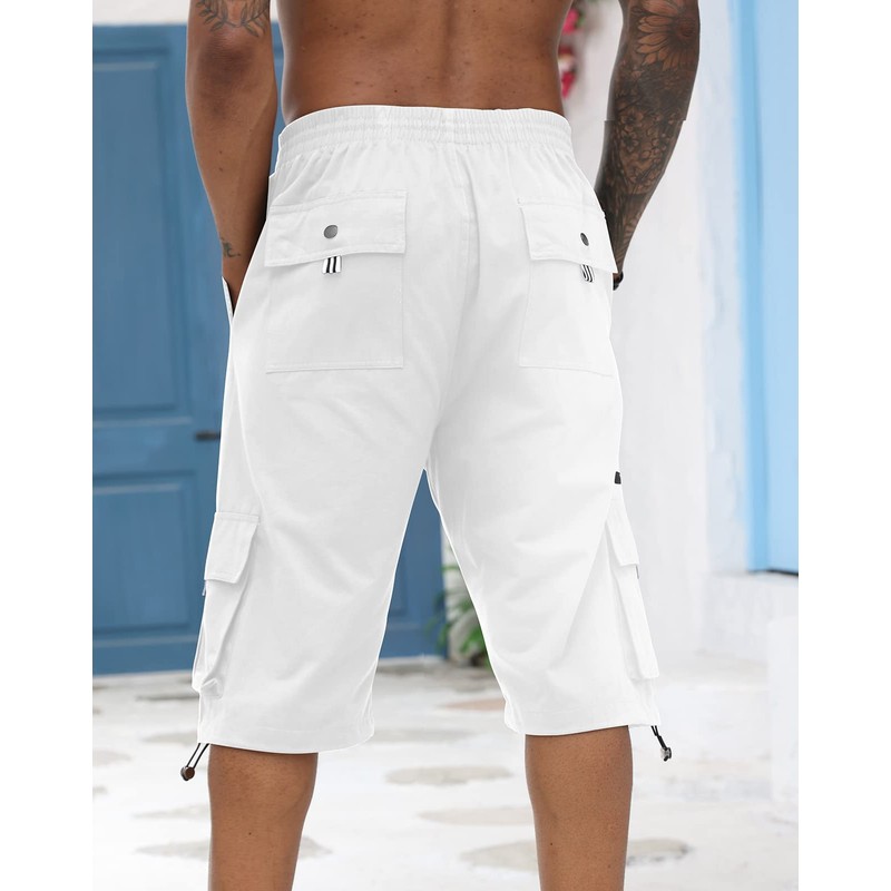 Mens Cargo Shorts Cotton Elastic Waist Capri Knee Length Multi