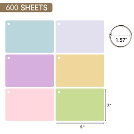 zmybcpack 6 Pack 600 Pcs Blank Index Cards 3 x 5 Inches, Assorted Colored Punched Flash Cards with 6 Metal Binder Rings, Blank Index Flashcards Blank Note Cards for Kids Adults Study, Office and Home