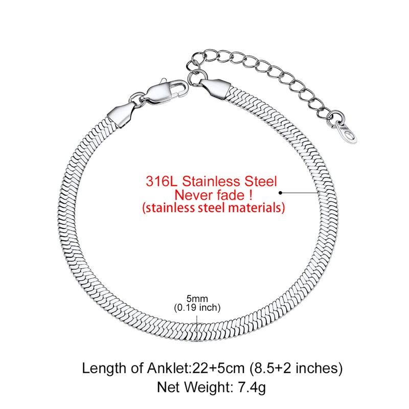 GoldChic Herringbone Chain Ankle Bracelets, Stainless Steel 5mm Flat Link
