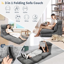Folding Sofa Bed, Fold Out Chair Bed, Convertible Sleeper Chair, Floor Couch with Back Support, Portable Sofa Bed for Living Room Bedroom, Dark Grey, Single
