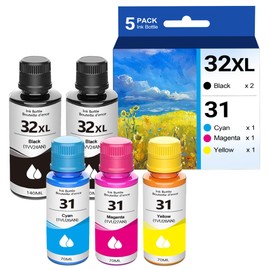 SANAIF 5 Bottles 31/32XL Ink Refill Bottle | Compatible 2Black Cyan Magenta Yellow 31 32XL Ink Replacement for Smart Tank 5105 6001 5000 5103 7301 7602 Plus 651 551 Ink Tank Kit