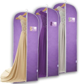 Dress Bags Covers Long, Pack of 3 Lilac Garment Bags, 63" Long Dress Covers Garment Bags with Zip, Breathable Dustproof Clothes Cover Protector Bags, Full Length Dress Bags for Storage and Travel