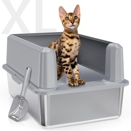 WoofiGo Enclosed Stainless Steel Cat Litter Box with Lid, XL Extra Large Litter Box for Big Cats, Metal Litter Pan High Sided, Never Absorbs Odors, Anti-Urine Leakage, Include Scoop (SH-Light Gray)