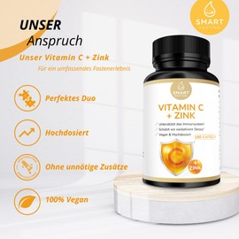 Vitamin C with Zinc - High Dose with 1,000 mg Vitamin C and 15 mg Zinc per Daily Dose - Vegan - Stomach Friendly & No Artificial Additives - Made & Laboratory Tested in Germany