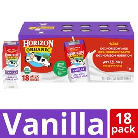 Horizon Organic Shelf Stable 1% Lowfat Vanilla Milk Boxes, USDA Certified Organic UHT Milk from Pasture-Raised Cows, No Refrigeration Required, 8 fl oz, 18 Count