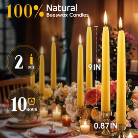 2 Pack Beeswax Candle Sticks,9 in Natural Beeswax Taper Candles,10 Hours Long Burning Dripless Bees Wax Candles for Home,Unscented Smokeless Tapered Candlesticks for Dinner