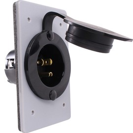 HJP-5278-CWP 15 AMP Straight Blade Flanged Male Power Inlet Receptacle, 15 A, 125 V, NEMA 5-15P, Integrated Nylon Faceplate, Body and Rubber Waterproof Cover (1, Black/Grey)