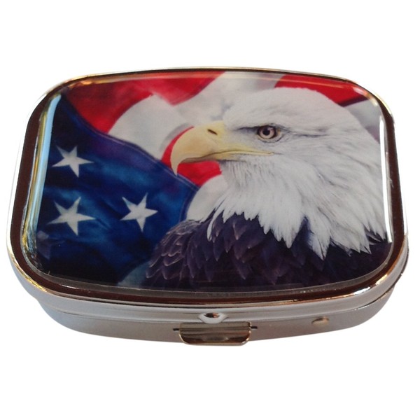 American Flag Bald Eagle Patriotic Silver Two Section Rectangular Pocket/Purse/Travel Pill Box